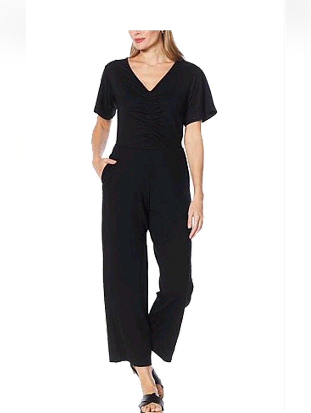 Laila Ali V-Neck Black Short Sleeve Wide-Leg Jumpsuit